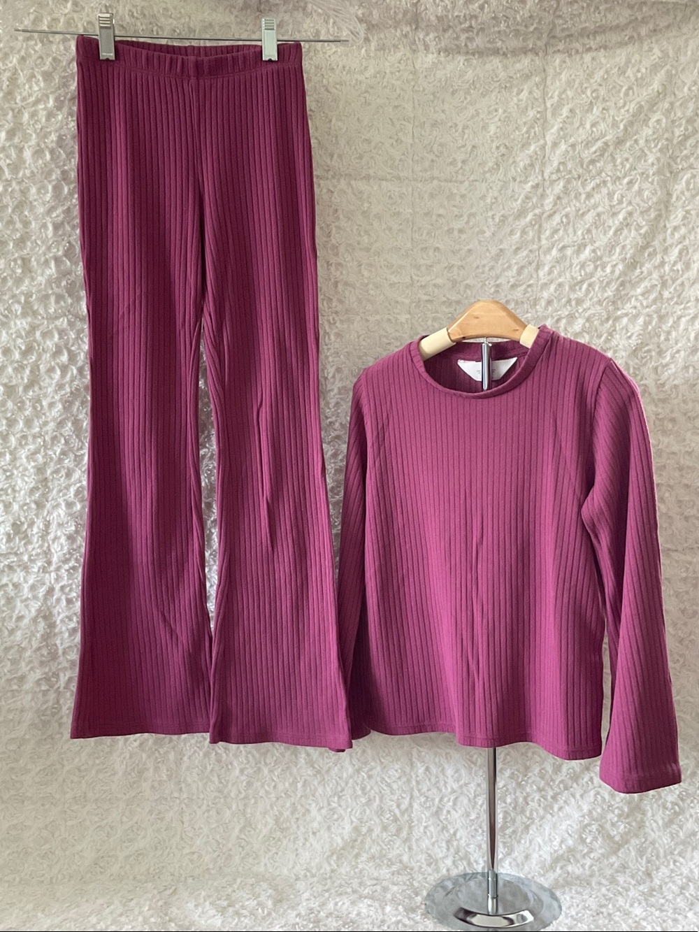 H&M Ribbed Knit Boot-Cut Pants & Long-Sleeve Top Set - Pink